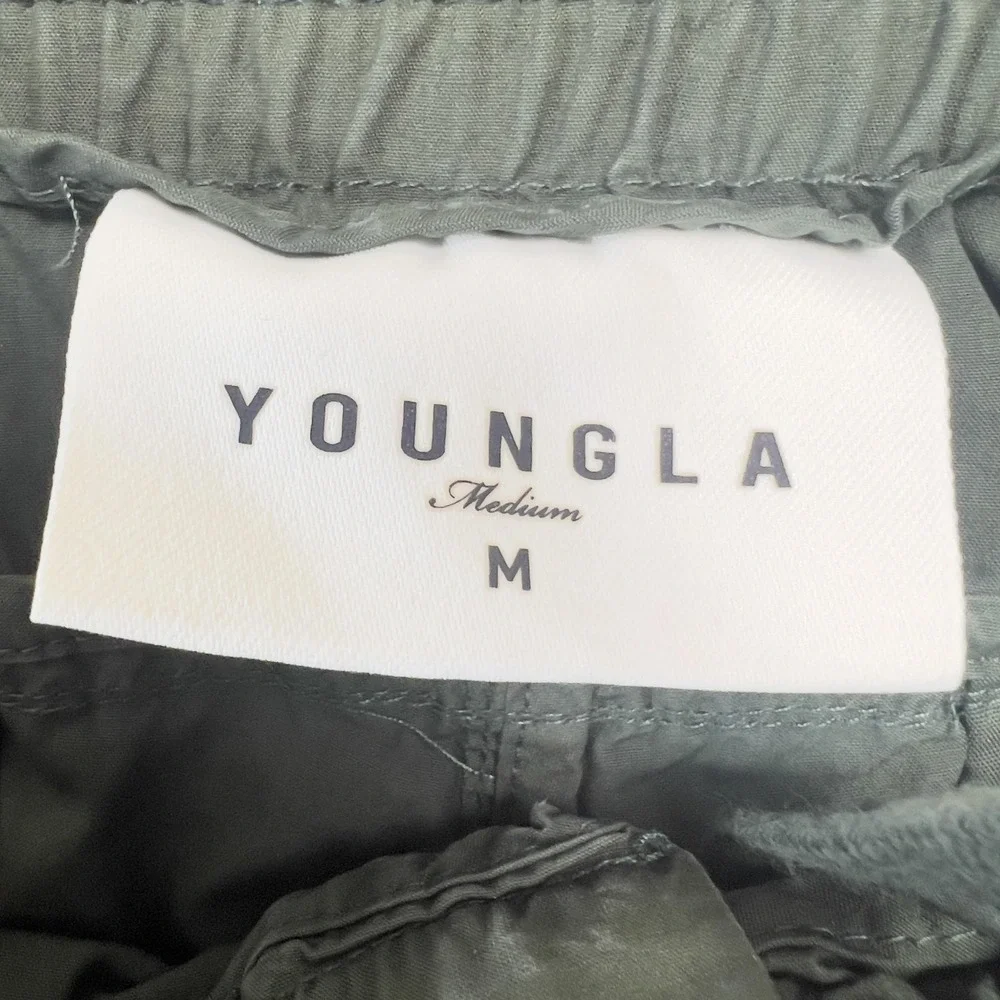 YoungLA Cargo Pants Mens M 32x29 Green Elastic Waist Lightweight Cotton Gorpcore